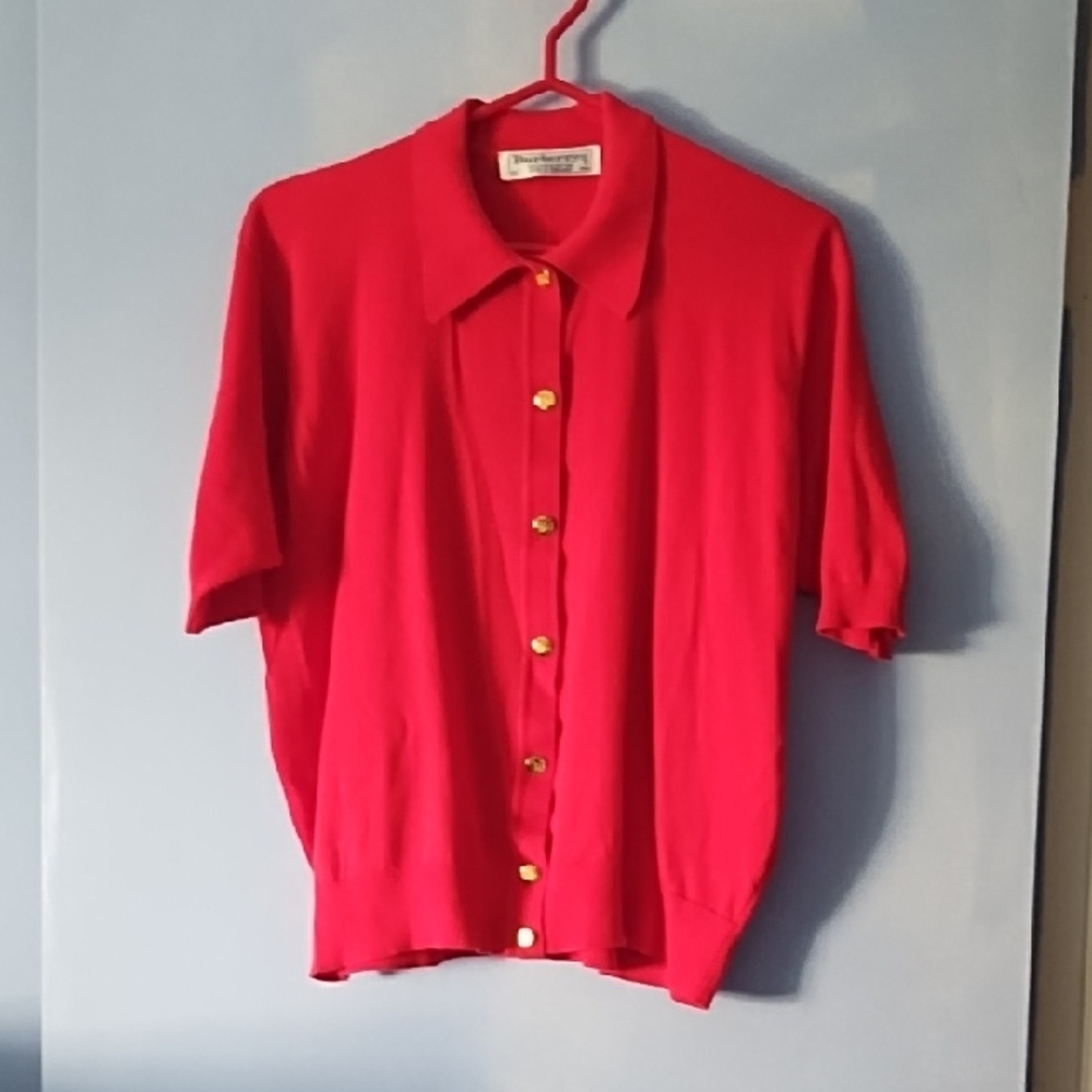 Vintage Burberry 1970s Red Cotton Gold Button Sweater L XL 44